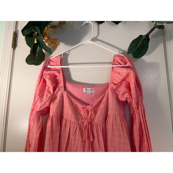 In the Style Tie Front Blouse Womens Size 8 Pink Boho Peasant Top Long Sleeve Sq - Picture 3 of 16